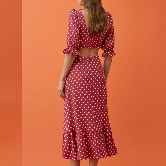 Reformation red with white polka dot fiona 2-piece Campari midi dress crop top 0 - Picture 2 of 14